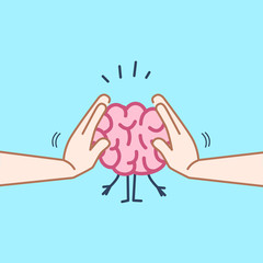 Brain under pressure. Vector concept illustration of brain pushing wit two hands | flat design linear infographic icon on violet background