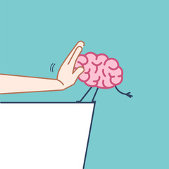 Pushing brain out of the cliff with hand. Vector concept illustration of mind manipulation | flat design linear infographic icon on violet background