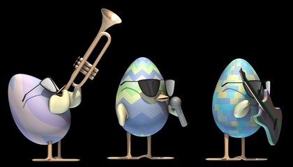 3D rendering of easter egg - black background - music band - rock stars with guitar singer and trompeteer