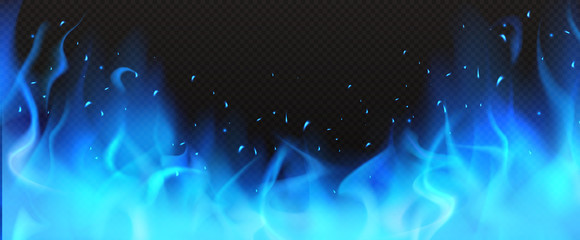 Realistic blue fire border, burning flame with sparkles isolated on dark black background. Bonfire blaze glowing effect, shining magic flare frame design element 3d vector illustration, clip art © klyaksun