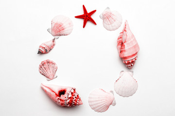 Hello Summer pattern background. Frame of White seashells, red starfish isolated on white backdrop. Top view travel or vacation concept. Flat lay
