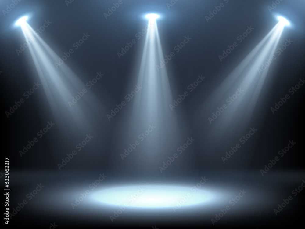 Poster stage illuminated by spotlights. empty podium with spot of light. vector realistic mockup of studio 