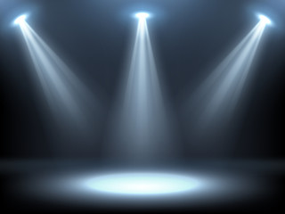 Stage illuminated by spotlights. Empty podium with spot of light. Vector realistic mockup of studio or theater interior with scene and rays of lamps. Background for concert, show, presentation of