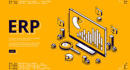 ERP, enterprise resource planning isometric landing page. Productivity and improvement system, data analysis charts on pc monitor, business integration 3d vector illustration, web banner, line art