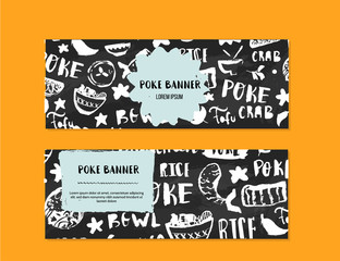 Poke bowl restaurant banner design. Colorful grunge cafe template, healthy hawaiian nutrition, fish banner