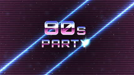 80s Party Text. Retro  Banner Template. Chrome Letters on dark Background with Neon Light. Old Fashion Backdrop. Synthwave or Cyberpunk Style. Stock Vector Illustration
