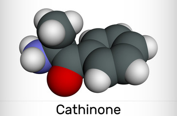 Cathinone, benzoylethanamine, beta-keto-amphetamine, C9H11NO molecule. It is monoamine alkaloid found in the shrub Catha edulis (Khat).  Molecular model