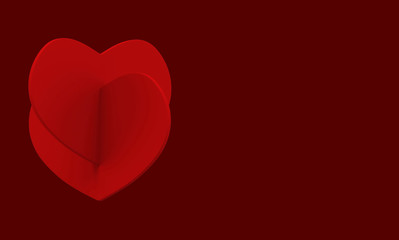 3d rendering. two red heart on blank red copy space wall background.