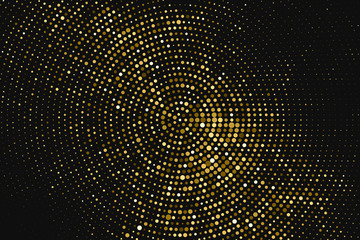 Gold Glitter Halftone Dotted Backdrop. Abstract Circular Retro Pattern. Pop Art Style Background. Golden Explosion Of Confetti. Digitally Generated Image. Vector Illustration, Eps 10.  