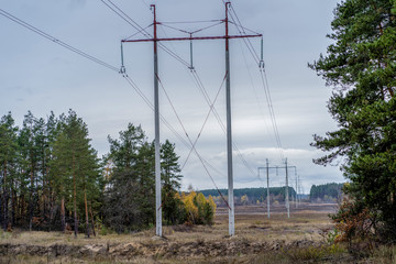 High Voltage Overhead Line Concrete Pillars In Nature