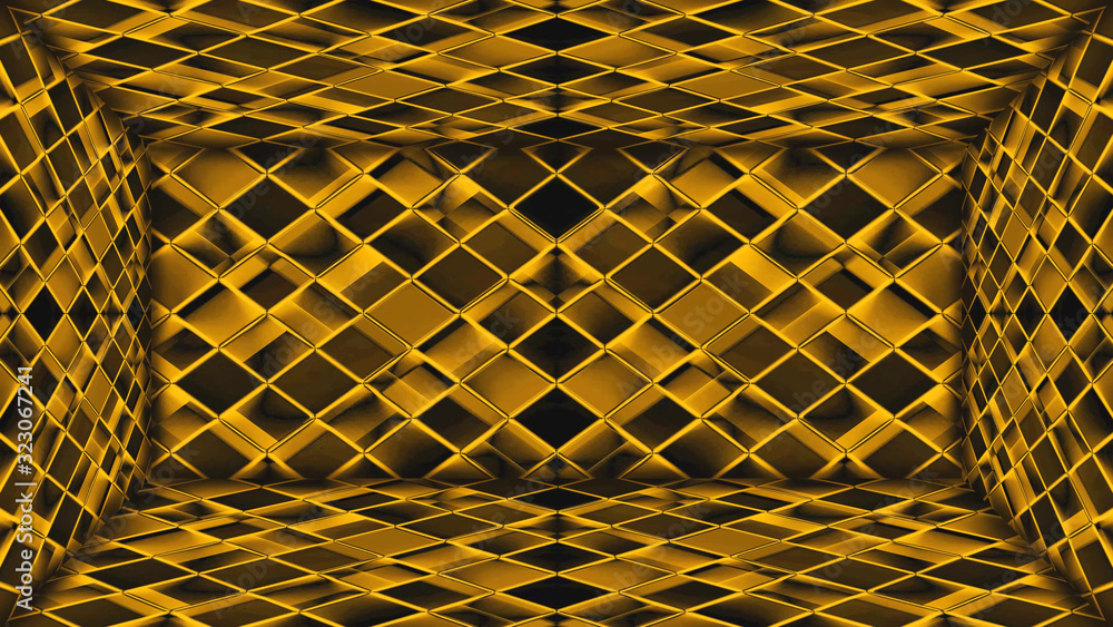 Poster 3d rendering. luxury golden square grid shape tile pattern wall background.