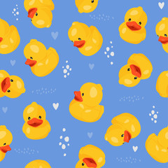 Yellow rubber duck seamless pattern. Fun kids background.