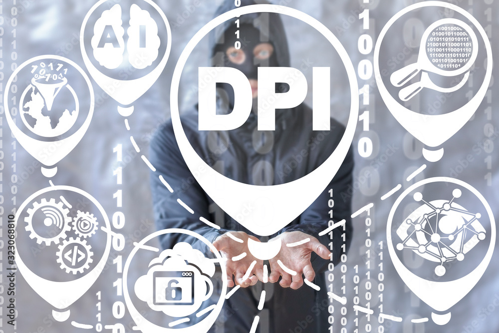 Poster deep packet inspection hacking threat technology. dpi concept.