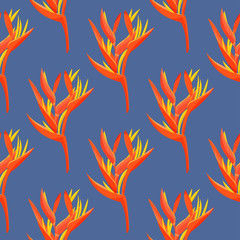 Heliconia and strelizia flowers vector illustration. Tropical orange plants background.