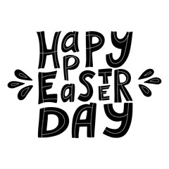 Black White vector illustration with the words Happy Easter. Hand lettering. The poster is square in shape. Congratulations on Easter. The letters are hand-drawn and isolated on a white background.
