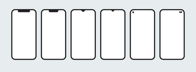 Set of smartphone shapes with blank screens in flat style. Cell phone with sensor display in various constructive designs. Isolated icons of mobile devices with empty space. EPS8 vector illustration.