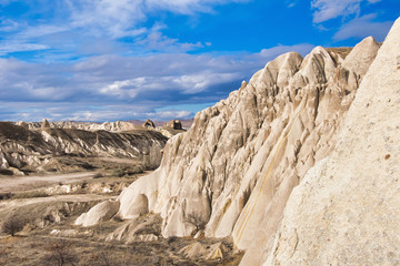 Rocky landscape of Kiliclar valley with many colorful taxtures during sunset with no people and...