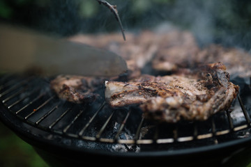 Grilled meat closeup. Smoke and crust