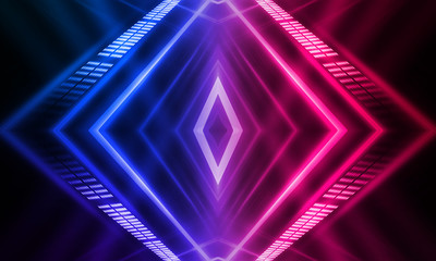 Empty stage, blue and pink, purple  neon, abstract background. Rays of searchlights, light,...