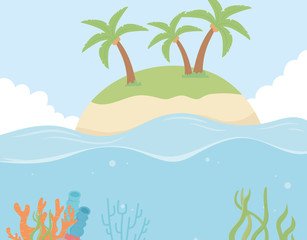 Fototapeta na wymiar island beach palms reef coral under the sea cartoon
