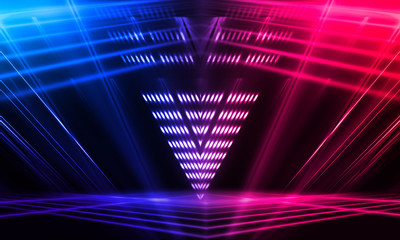 Empty stage, blue and pink, purple  neon, abstract background. Rays of searchlights, light,...