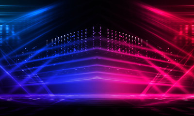 Empty stage, blue and pink, purple  neon, abstract background. Rays of searchlights, light, abstract tunnel, corridor.