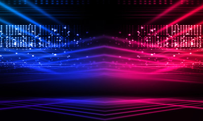 Obraz premium Empty stage, blue and pink, purple neon, abstract background. Rays of searchlights, light, abstract tunnel, corridor.