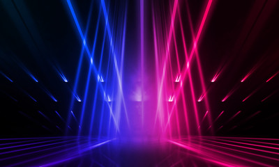 Fototapeta na wymiar Empty stage, blue and pink, purple neon, abstract background. Rays of searchlights, light, abstract tunnel, corridor.