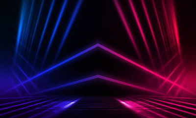 Empty stage, blue and pink, purple  neon, abstract background. Rays of searchlights, light, abstract tunnel, corridor.