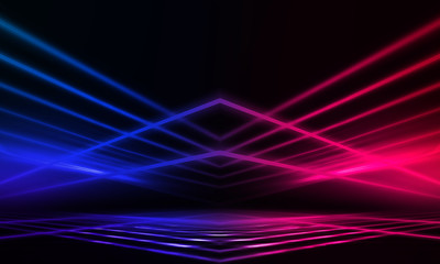 Empty stage, blue and pink, purple  neon, abstract background. Rays of searchlights, light, abstract tunnel, corridor.