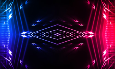 Empty stage, blue and pink, purple  neon, abstract background. Rays of searchlights, light,...