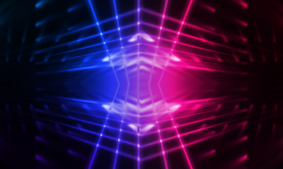 Empty stage, blue and pink, purple  neon, abstract background. Rays of searchlights, light, abstract tunnel, corridor.