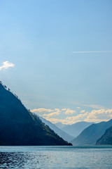 Mountain landscape with blue Seton Lake in Coastal Mountains. Lillooet, British Columbia, Canada.