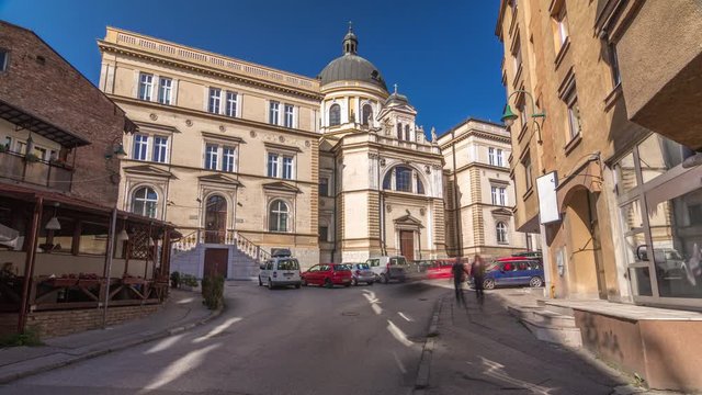 The external facade of Saints Cyril and Methodius Church timelapse hyperlapse, located on Josipa Stadlera street, Sarajevo, Bosnia and Herzegovina