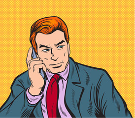 Business men talk on mobile phones. pop art retro vector illustration