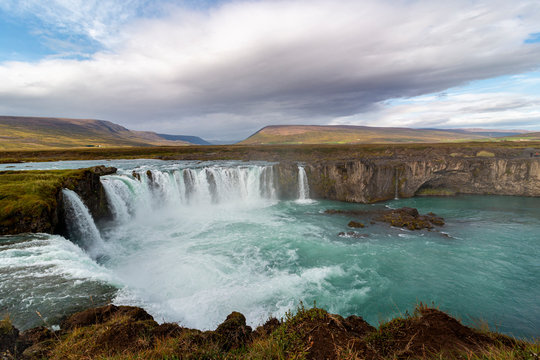 panoramic view of godafoss waterfall on iceland