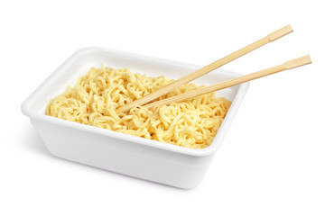 Noodles with wooden chopsticks, isolated on white background