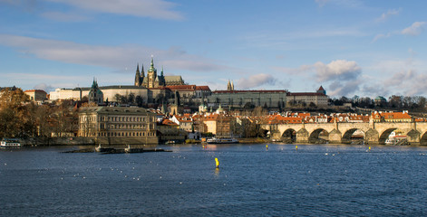 view over Vltava River at Prague Castle and Charles Bridge