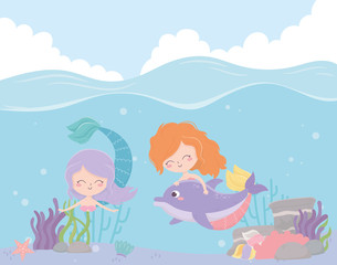 mermaids with dolphin reef coral cartoon under the sea