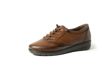 women's heeled shoes, flat sole sports shoes, patent leather shoes on a white background