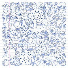 Vector set of beach icons for summer posters, banners. Sea, ocean vacations. Kids drawing style.