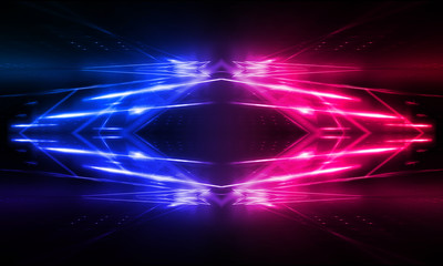 Empty stage, blue and pink, purple  neon, abstract background. Rays of searchlights, light, abstract tunnel, corridor.