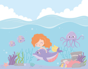 Obraz na płótnie Canvas mermaid with dolphin octopus fishes coral cartoon under the sea