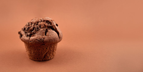 Chocolate muffin stock images. Chocolate muffin isolated on a brown background with copy space for...