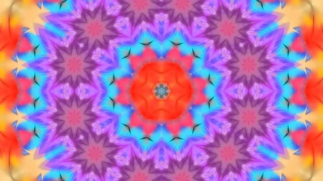 Kaleidoscope patterns rotate abstract background with colorful flowers