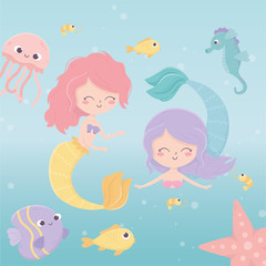 Fototapeta premium mermaids jellyfish octopus starfish fishes shrimp cartoon under the sea