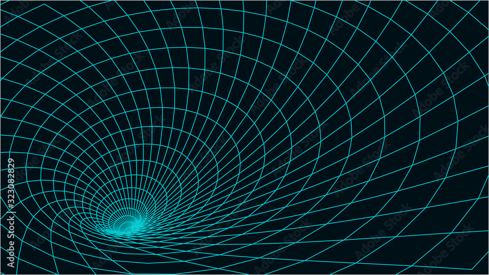 Poster abstract tunnel. vector wormhole. 3d corridor mesh.