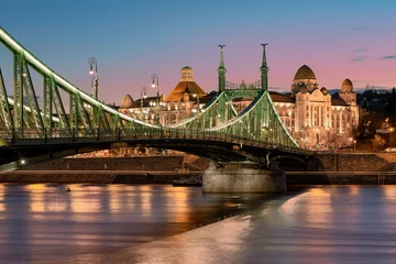 Zelfklevend Fotobehang Europe Hungary Budapest cityscape. Liberty bridge. Gellert square. Hotel. Spa. Thermal Bath. Danube river © GezaKurkaPhotos