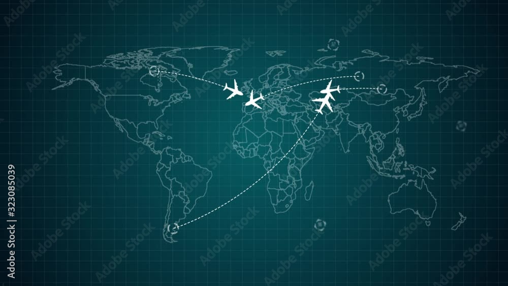 Poster blue glowing map of the world with flat animated airplanes and flight trajectories. lot or arcs and 