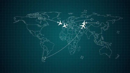 Blue glowing map of the world with flat animated airplanes and flight trajectories. Lot or arcs and lines, connecting points. Global air travel or business concept. Seamless loop with alpha channel. - Powered by Adobe